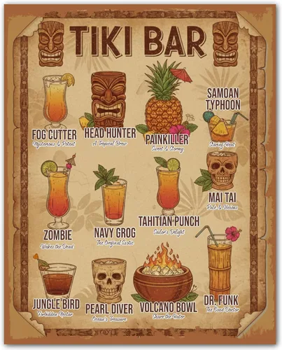 ZUKIY Guía de cócteles vintage Tiki Bar, póster colorido de 8 x 10 pulgadas para el hogar, bar, patio, salón, decoración de pared retro Tiki para