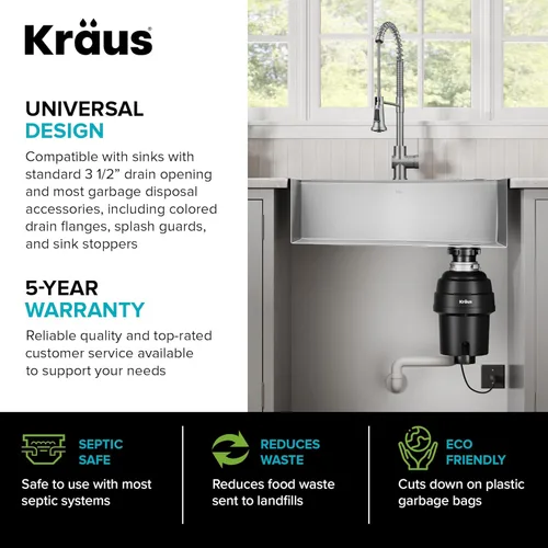 Miniatura 12 de KRAUS WasteGuard KWD100-100MBL - Triturador de basura ultra silencioso de 1 HP con conexión rápida, cubierta de drenaje para fregadero de cocina