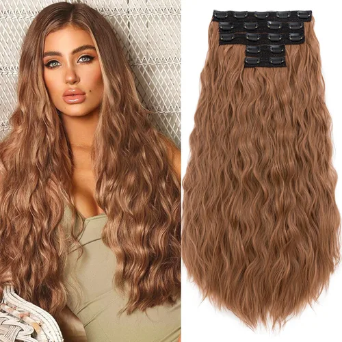 Miniatura 8 de S-noilite Extensiones de cabello sintético con clip de 24 pulgadas, 5 unidades, ondas sueltas, extensiones de cabello sintético grueso y natural