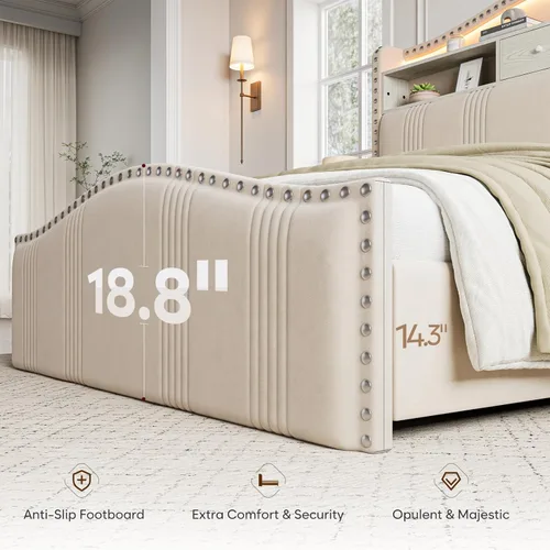 Miniatura 3 de CIKUNASI Marco de cama tamaño completo de 51.5" con cabecero y almacenamiento Marco de cama tapizado de terciopelo con luces LED y estación