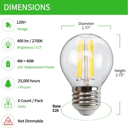 Miniatura 2 de Paquete de 6 bombillas LED G45 E26 de globo pequeño equivalente a 40 vatios, 2700K blanco cálido, 400 lúmenes, bombillas de luz de araña vintage