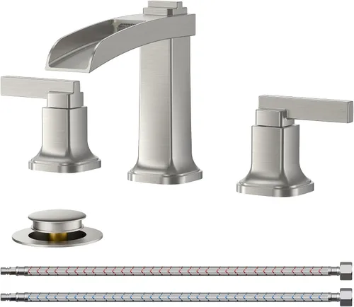 Miniatura 11 de FORIOUS Grifos cuadrados de baño de níquel cepillado y negro de 3 agujeros, cascada de 8 pulgadas, grifo de lavabo de baño con drenaje emergente