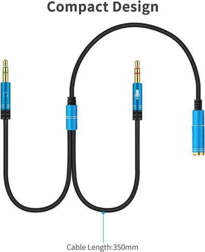 Miniatura 3 de Divisor de auriculares para computadora de 0.138 in hembra a 2 auriculares dobles de 0.138 in macho micrófono de audio y cable divisor en Y, Azul