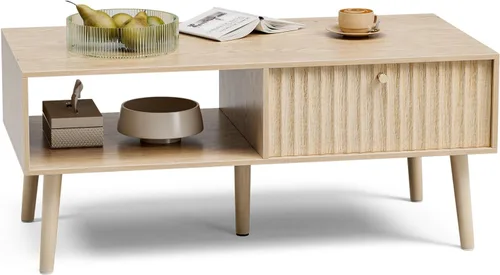 Miniatura 6 de LCRBOL Mesa de café con almacenamiento, Mesa de comedor bohemia con cajón acanalado y patas de madera maciza, Mesas de café pequeñas para sala