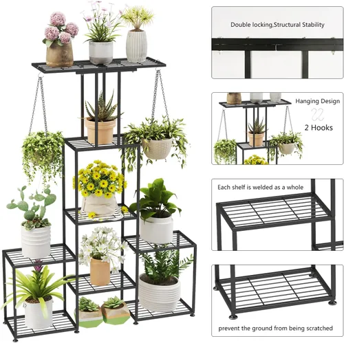 Miniatura 9 de Soporte para Plantas de Interior y Exterior, Estante Colgante Alto de Metal de 6 Niveles para Varias Plantas de Flores, Soporte Grande y Resistente