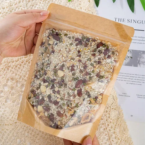 Miniatura 9 de 50 bolsas de papel kraft con ventana transparente Fornt bolsas resellables de pie con cierre de cremallera, bolsas de almacenamiento de alimentos