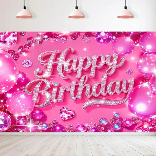 Miniatura 11 de Telón de fondo de feliz cumpleaños negro y rosa de 7 pulgadas de ancho x 5 pies de alto, tela de poliéster, globos de lazo femenino, pastel