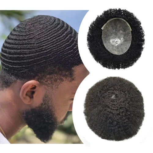 Afro Toupee para hombres negros, inyección de poliuretano de piel de polietileno completo de 0.236 in, sistema de reemplazo de cabello humano de