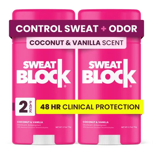 SweatBlock Clinical Strength - Desodorante antitranspirante para mujeres con aroma de coco y vainilla, paquete de 2 unidades de protección de 48