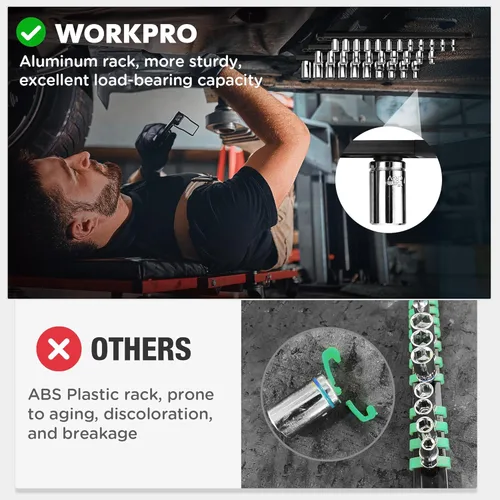 Miniatura 7 de WORKPRO Organizador Magnético de Dados, Riel de Dados de Aleación de Aluminio de 1/2 Pulgada, Soporte de Dados Resistente, Kit de Estante de Dados