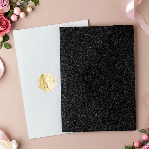 Miniatura 4 de Tarjeta de felicitación, 20 tarjetas de invitación con purpurina negra cortada con láser para bodas, fiestas, cumpleaños, graduaciones, Año Nuevo