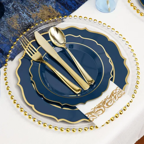 Miniatura 2 de 200 piezas de platos de plástico azul premium para 25 invitados, plato desechable azul y dorado de alta calidad, incluye 25 platos de cena/postre