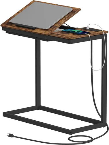 Miniatura 14 de TUTOTAK Mesa auxiliar en forma de C con estación de carga, mesa auxiliar inclinable para computadora portátil, mesa debajo del sofá para sala