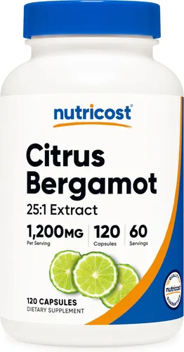 Nutricost Cápsulas de bergamota cítrica de 1,200 mg, 120 cápsulas - Extracto de bergamota 25:1 - 60 porciones, sin gluten, vegano y sin OMG