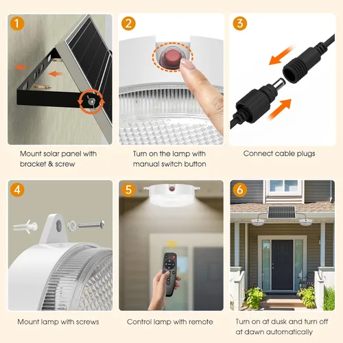 Miniatura 6 de Paquete de 2 luces solares de techo, diurna y nocturna, 3200 K/4000 K/6000 K, luces de cobertizo regulables con interruptor de encendido/apagado
