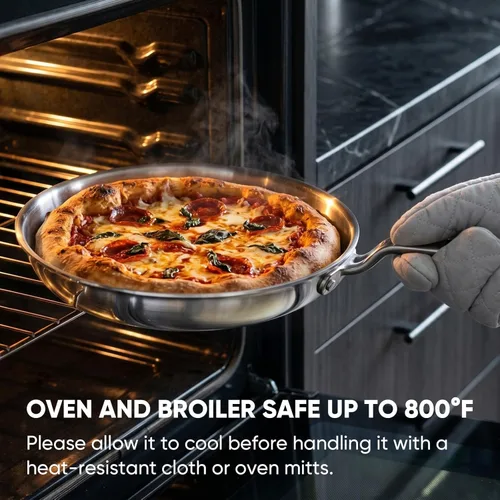 Miniatura 6 de Sartén de Acero Inoxidable de 10 Pulgadas - Sartén de 5 Capas con Núcleo de Aluminio, Calentamiento Uniforme y Duradera, Utensilios de Cocina