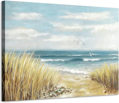 Miniatura 15 de Lienzo decorativo para pared, camino de playa: camino de arena con pintura de valla a la costa, impresiones artísticas para baño