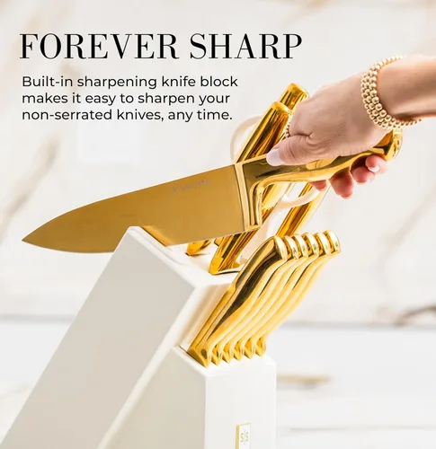 STYLED SETTINGS juego de cuchillos con bloque blanco y dorado – 14 piezas, cuchillos de acero inoxidable con revestimiento de titanio de espiga