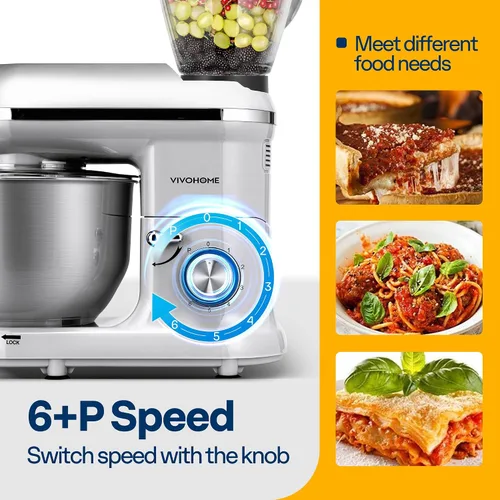 Miniatura 6 de VIVOHOME - Batidora de mesa 3 en 1, eléctrica, con cabezal inclinable para cocina, de 6 cuartos de galón, con tazón, mezclador de alimentos Plateado