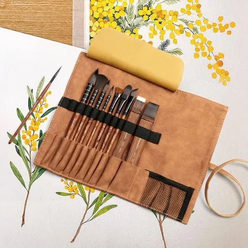 Miniatura 7 de Juego de 10 pinceles de pintura sintética Taklon profesionales para acuarela, acrílico, gouache, 8 cabezales de cepillo con estuche de viaje