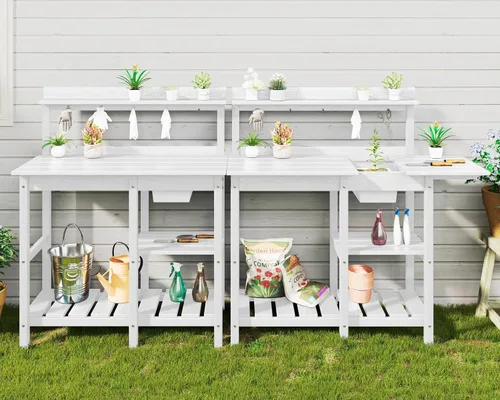 Miniatura 9 de SERWALL Banco de macetas para exteriores con fregadero extraíble, mesa para macetas de polietileno de alta densidad resistente a la putrefacción