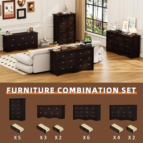 Miniatura 7 de Flamaker Cómoda alta para dormitorio, cómoda de 5 cajones, cómoda de madera, cómoda ancha, cajones de almacenamiento, organizador de almacenamiento