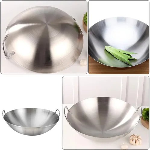 Miniatura 5 de Cabilock Wok de acero inoxidable de 12 pulgadas, sartén de fondo redondo de gran capacidad para estufa de gas, cocina tradicional india Kadai