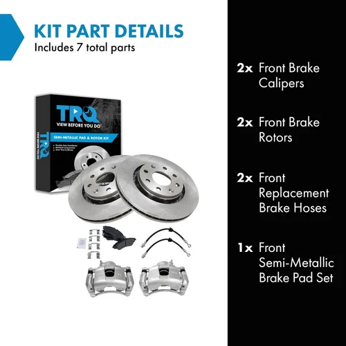 Miniatura 2 de TRQ Kit de pastillas de freno delantero y rotor, pinza de freno, manguera de freno, pastillas de freno, rotor de freno semimetálico, compatible