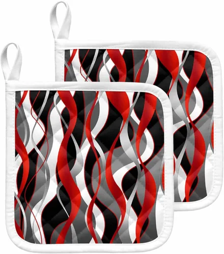 Juego de 2 soportes para ollas de color rojo y negro, aislamiento térmico, almohadillas calientes geométricas grises y agarraderas para cocina, arte