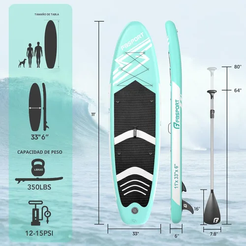 Miniatura 2 de FBSPORT Tabla de remo de pie prémium de 11 pies, tabla de yoga con accesorios de SUP y bolsa de transporte, amplia posición, control de surf, Verde