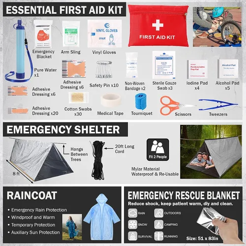 Miniatura 7 de Regalos para hombres Kit de supervivencia de Navidad, equipo de supervivencia y suministros 258 PIEZAS con filtro de agua, tienda de emergencia