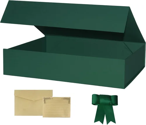 YINUOYOUJIA Cajas de regalo de 13.8 x 10.5 x 3 pulgadas, caja de regalo grande con tapas, cinta y tarjeta, cajas de camisa plegables verdes, regalos