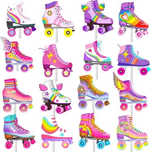 36 piezas de patines de ruedas para cupcakes, decoración de fiesta de cumpleaños, estilo retro, hip hop, temática de patinaje, para cupcakes para 80
