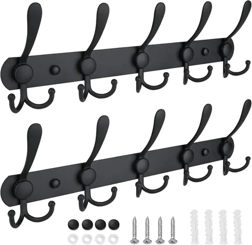 TICONN Perchero montado en la pared, cinco ganchos triples resistentes de construcción totalmente metálica para chaqueta, abrigo, sombrero en Negro