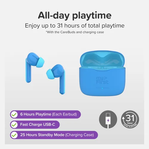 Miniatura 7 de myFirst Carebuds Auriculares para Niños - Auriculares Inalámbricos Bluetooth Verdaderos con Límite de Volumen de 85db, Micrófono, Estuche de Carga