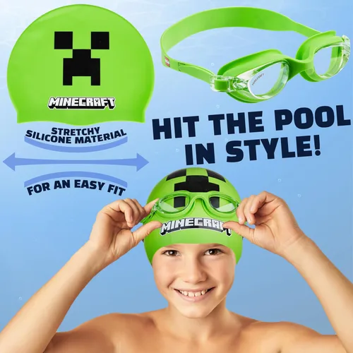 Miniatura 6 de Get Trend Gafas de natación y gorro de natación para niños y adolescentes, antivaho con protección UV Minecraft verde