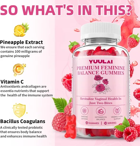 Miniatura 5 de Gomitas de equilibrio femenino premium, gomitas femeninas de piña hawaiana para mujeres, equilibrio de pH y salud vaginal, veganas, 60 gomitas