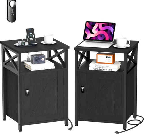Miniatura 12 de runjuly Mesita de noche de madera con cerradura, mesa auxiliar de cama con cajones, mesita de noche con estación de carga, 3 USB y 2 tomas, mesita