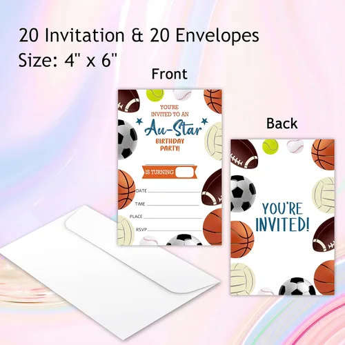 Miniatura 2 de All Star - Tarjetas de invitaciones para fiestas de cumpleaños, suministros para fiestas deportivas para niños, niños o niñas, 20 invitaciones