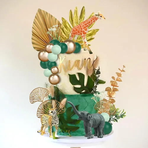 Miniatura 4 de 26 piezas de decoración de pasteles de animales de la selva, figuras de animales de safari, palmeras doradas, selva salvaje, animales salvajes