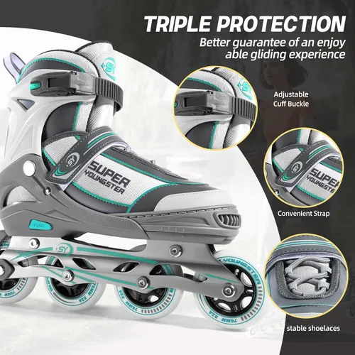 Miniatura 6 de SUPER YOUNGSTER Patín en línea ajustable para mujer, patines de ruedas para mujeres adultas Cian