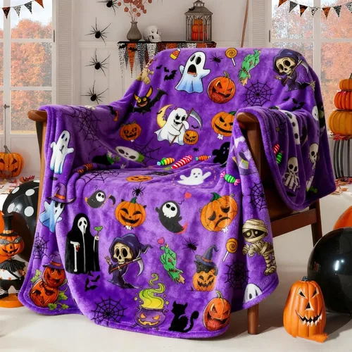 Miniatura 8 de Manta de Halloween de 60 x 50 pulgadas – Manta de fantasma de franela suave, felpa acogedora para sofá, sofá y cama, decoración de otoño e invierno