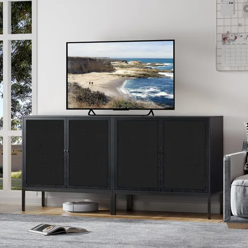 Miniatura 6 de Brafab Aparador negro con puertas decoradas de ratán natural, 31.5 pulgadas de ancho, armario de almacenamiento de ratán Credenza, gabinete bohemio