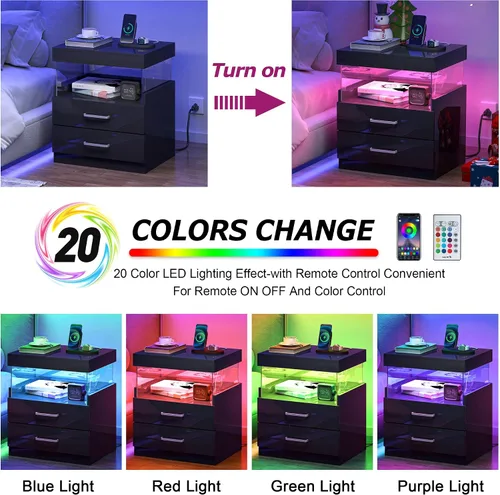 Miniatura 4 de WelFurGeer Mesita de noche de alto brillo, mesita de noche LED negra con estación de carga, mesita de noche con cajones, mesitas de noche modernas