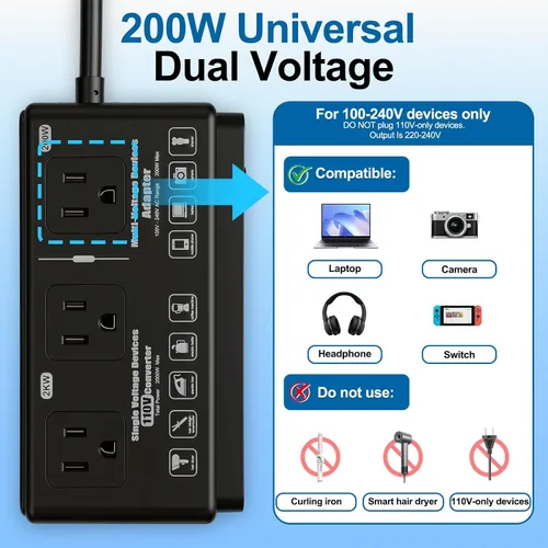Miniatura 4 de 220v to 110v Travel Voltage Converter: International Universal Voltage Black Converter US to Europe Power Strip Plug Transformer - 2000W Electric