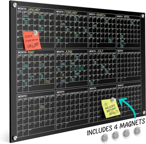 Miniatura 5 de Pizarra blanca magnética negra de vidrio de 34 x 46 pulgadas, calendario anual, pizarra blanca, calendario de borrado en seco para pared, pizarra