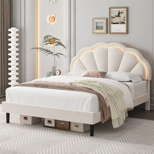 Miniatura 8 de HIFIT Marco de cama LED inteligente tapizado completo con cabecera ajustable de pétalos elegantes, marcos de cama de plataforma de tamaño completo