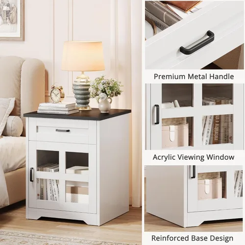 Miniatura 5 de Mesa auxiliar de granja de 18 pulgadas, mesa auxiliar estrecha para sofá con cajón y puerta de granero, mesita de noche de madera para sala de estar