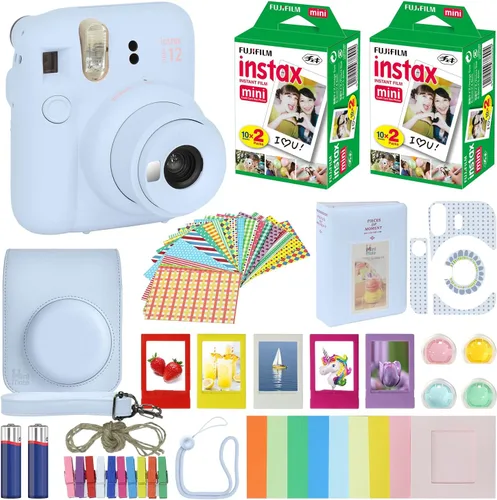 Cámara instantánea Fujifilm Instax Mini 12 color azul pastel + estuche de transporte + paquete de accesorios con película Fuji Instax (40 hojas),
