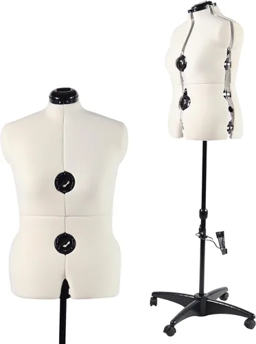 Maniquí de forma de vestido ajustable beige para costura talla femenina 12-18, cuerpo de modelo con alfileres con 13 diales, ruedas desmontables,